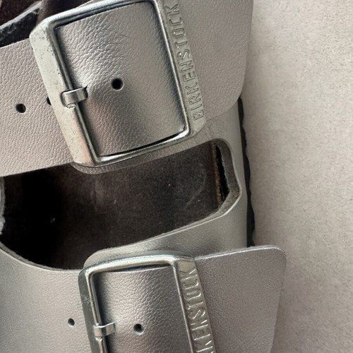 Birkenstock silver leather slippers, size 38