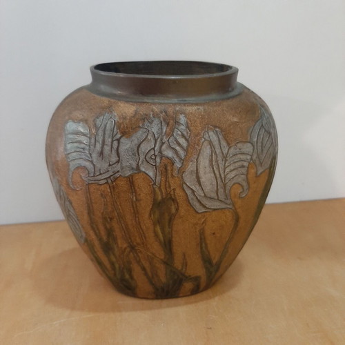 Indian brass vase used with embossed floral designs