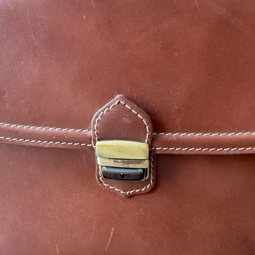 Leather briefcase used, vintage brown with metal clasp