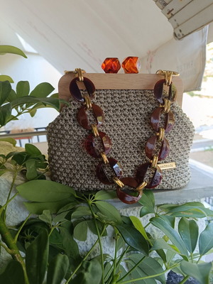 Handmade clutch bag beige with wooden frame and amber beads, new