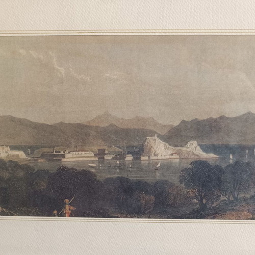 Classic decorative framed art with seaside landscape and fortifications used