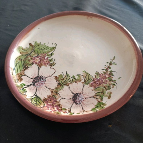 Handmade ceramic flowerpot with saucer like new, hand-painted floral patterns