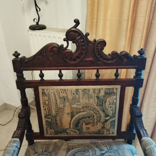 Antique living room set used, carved dark wood sofa and 2 armchairs