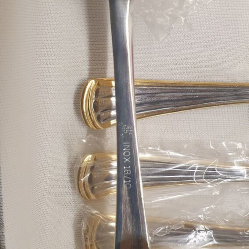 Scaramuzzi Inox 18/10 dessert spoons with gold detail like new, set of 6