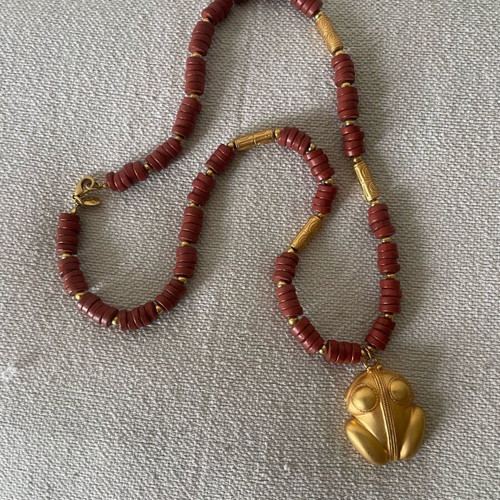 Inca statement boho necklace with terracotta beads and frog pendant like new