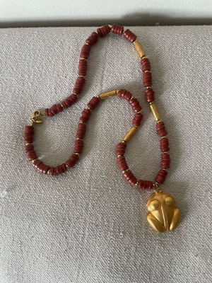 Inca statement boho necklace with terracotta beads and frog pendant like new
