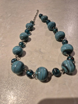 Turquoise Necklace like new with striped beads and metal details