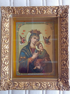 Icon of Virgin Mary and Jesus in used wooden gold frame with glass 43×53