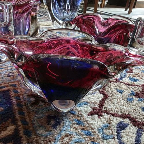 Vintage Art Glass Sommerso set in purple and blue shades like new
