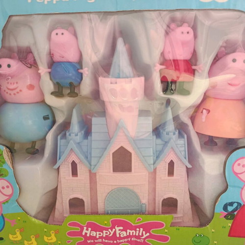 Peppa Pig family figure set with pink castle like new