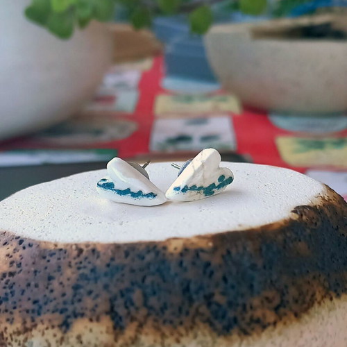 Handmade ceramic earrings with decoupage and glass coating