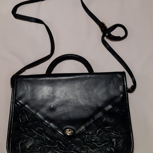 Italian black genuine leather handbag, large, with long strap