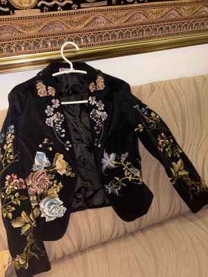 Velvet jacket with embroidered designs and satin lining like new