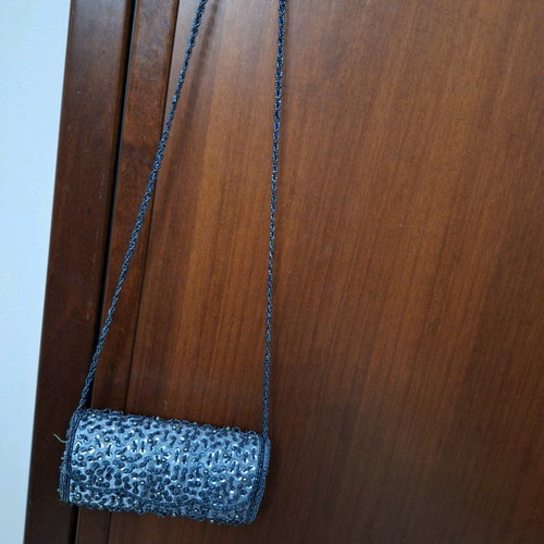 Evening barrel bag with strass like new, sky blue