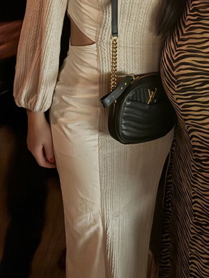 Lace beige dress with leather and knitted details, size S