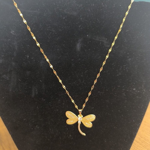 Steel Dragonfly Necklace Gold with Zircon, new