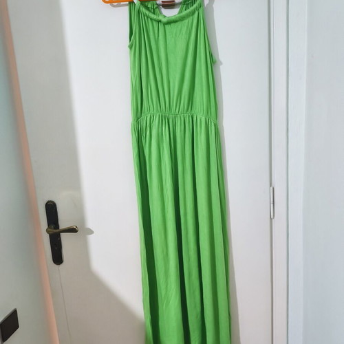 Green long dress with gold detail used, one size cotton elastic