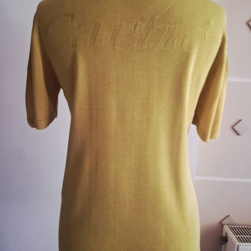 Vintage Cartier blouse used, light mustard with burgundy neck, cotton silk