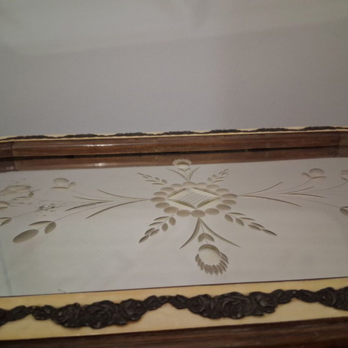 Serving tray used, wood and mirror with metal and mother-of-pearl details