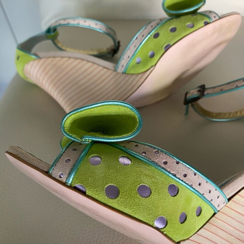 Christian Lacroix suede platform sandals like new, green with turquoise and gray details