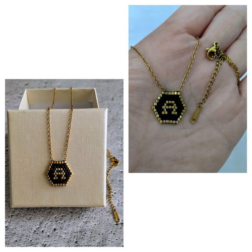 Steel monogram necklace made to order with miyuki beads black and gold