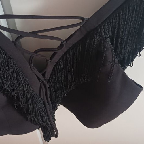 BSB black bustier top with fringe and crisscross front