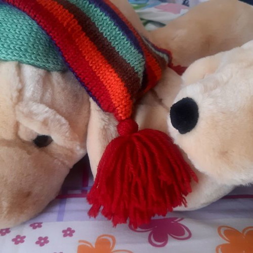 Plush dogs new, mom and puppy with knitted scarf
