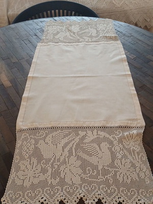 Handmade set of two linen and knitted table runners new