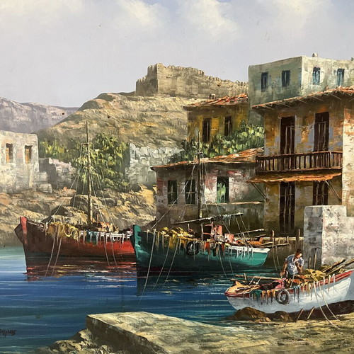 Large oil painting with palette knife, Greek seaside landscape by Dimas