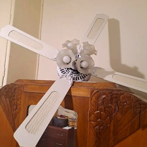 Ceiling fan with light used, 4 blades white flower design