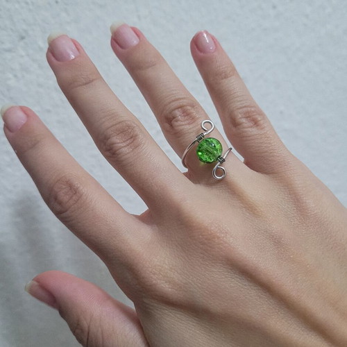Wire ring with green glass bead handmade, like new
