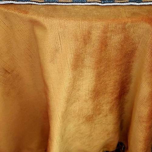 Velvet round tablecloth like new, gold mustard color with tassels