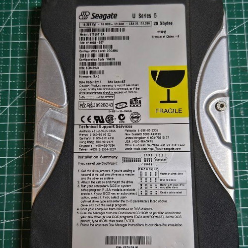 Vintage Retro Seagate U Series 5 20GB IDE Hard Disk used