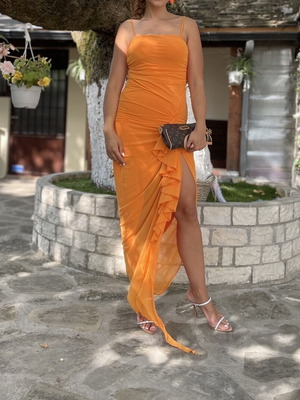 Orange maxi dress like new with ruffles and slit
