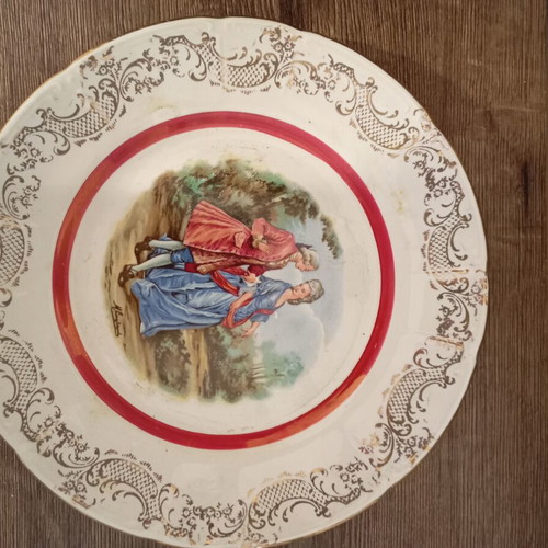 Vintage Keramikos decorative plate used with romantic period scene
