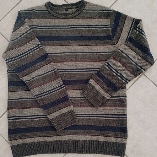 Men's striped wool sweater size L like new, gray and brown
