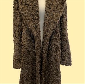Wool fur greige long coat S