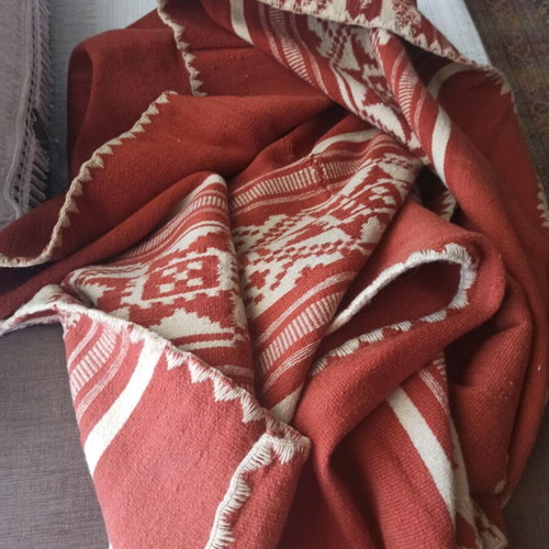 Handmade woven wool blanket loom used, antique