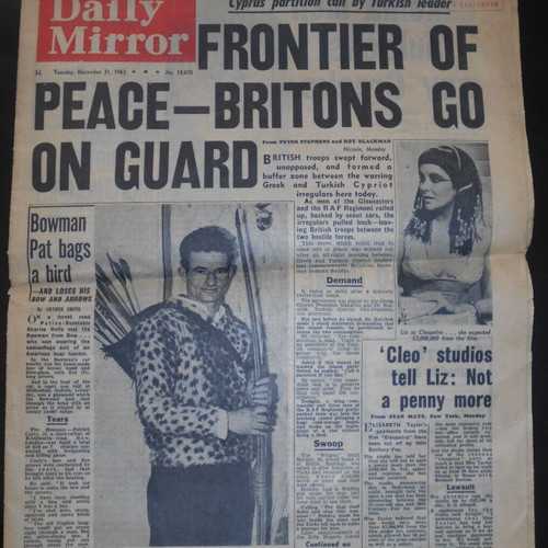Daily Mirror 1963 newspaper used, Cyprus riots and Lakonia shipwreck