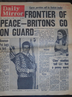 Daily Mirror 1963 newspaper used, Cyprus riots and Lakonia shipwreck