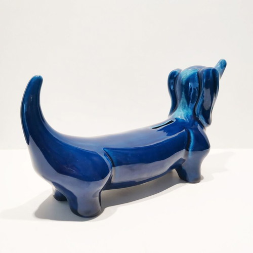 Fiance piggy bank used, Italian '60s dog-shaped with blue enamel