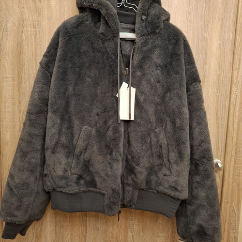Zara double face jacket XL, synthetic leather and fur, grey