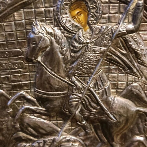 Silver religious icons 950 used, Axion Esti, Saint Demetrios, Saint Athanasios, Saint Spyridon