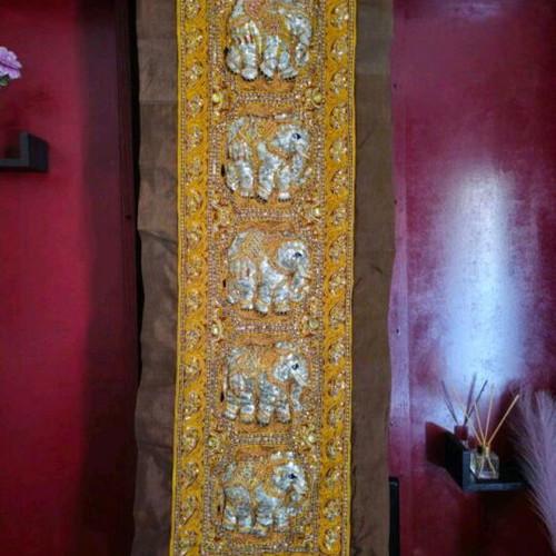 Burmese cloth with gold-embroidered elephants like new 1.50 by 50