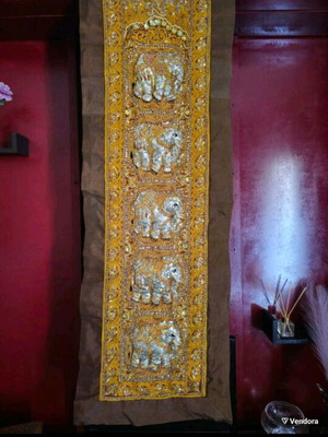 Burmese cloth with gold-embroidered elephants like new 1.50 by 50