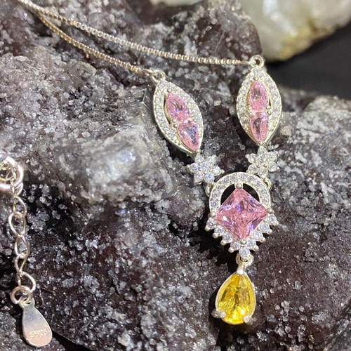Silver Necklace with Natural Pink Tourmaline, Citrine and Moissanite