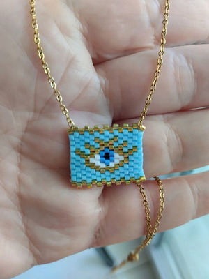 Steel eye necklace made to order, turquoise and gold colors