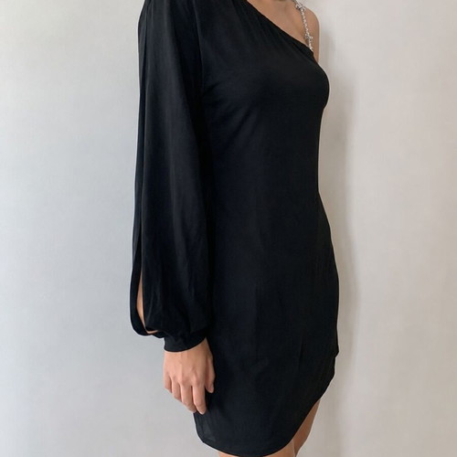 Patrizia Pepe dress M like new, black one shoulder with golden chains