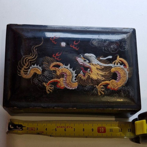 Wooden box used with painted Chinese dragon on black lacquer