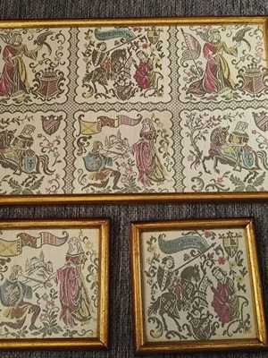 Vintage σετ 3 χειροποίητα κεντήματα μεταχειρισμένα, μεσαιωνικές και αναγεννησιακές σκηνές